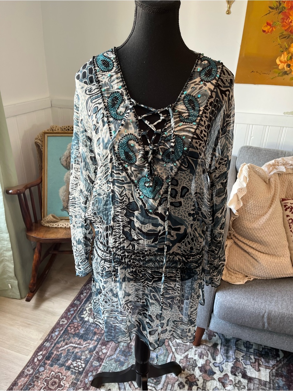 Women’s Vintage Y2K Beaded Sheer Shirt Cinched Elastic Waist M